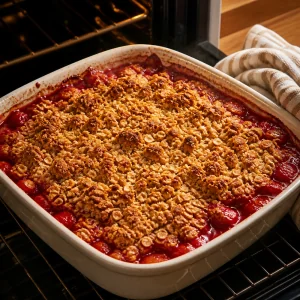 Baked strawberry rhubarb crumble bubbling at the edges with deep golden oat topping