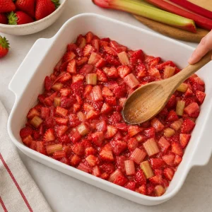 Coated strawberry rhubarb filling spread evenly in the prepared baking dish