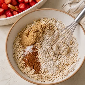 Flour oats brown sugar cinnamon and salt whisked together for crumble topping