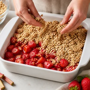 Oat crumble topping sprinkled evenly over strawberry rhubarb filling