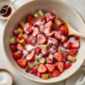 Sliced rhubarb and halved strawberries tossed with sugar cornstarch and vanilla