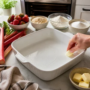 Square baking dish lightly greased for strawberry rhubarb crumble