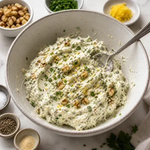 Farcitura di formaggio cremoso con erbe e noci mescolata in una ciotola