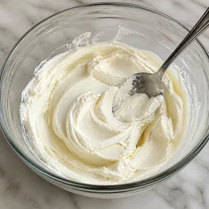 Formaggio cremoso liscio in una ciotola con un cucchiaio