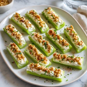 Stuffed celery sticks with cream cheese and walnuts on a platter