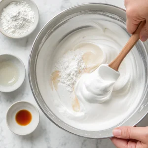 Cornstarch, white vinegar, and vanilla gently folded into glossy meringue.