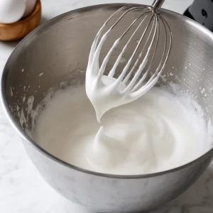 Egg whites whisked to soft peaks in a clean metal bowl.