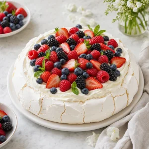 Finished classic berry pavlova with vanilla cream and fresh summer berries.