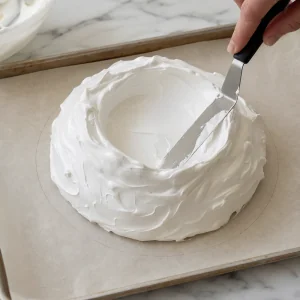 Glossy meringue shaped into a round pavlova shell with a shallow center well.