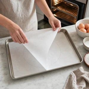 Parchment paper flipped over on a baking sheet with an 8-inch circle guide for pavlova.