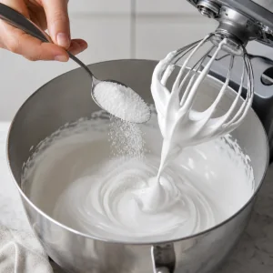 Superfine sugar added gradually to glossy meringue while whisking.