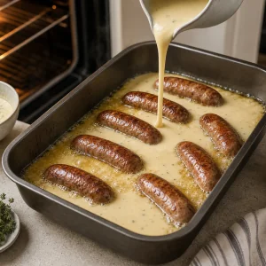 Pastella versata attorno alle salsicce rosolate nella teglia