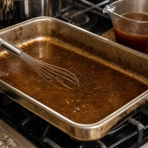 Salsa bruna alle cipolle mescolata in una teglia