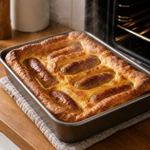 Toad in the hole appena sfornato che riposa nella teglia