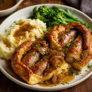 Toad in the hole servito con salsa di cipolle e verdure