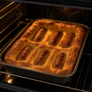 Toad in the hole dorato che cresce attorno alle salsicce in forno