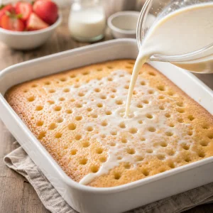 Milk soak poured over a poked warm sponge cake.