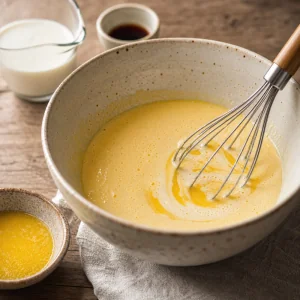 Pale egg yolk mixture whisked with milk and melted butter.