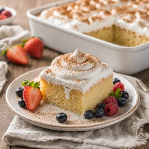 Sliced tres leches cake topped with cinnamon and fresh berries.