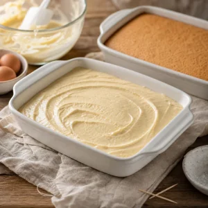 Tres leches sponge batter smoothed in a rectangular baking dish.