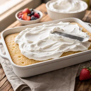 Whipped cream spread over a chilled tres leches cake.
