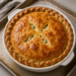 Baked turkey pot pie with golden puff pastry bubbling at the vents