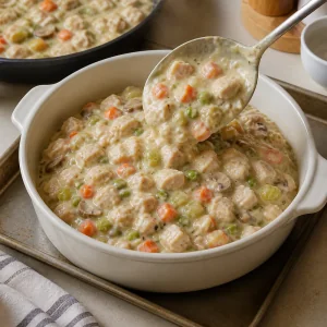 Creamy turkey and vegetable filling spooned into a baking dish