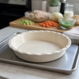 Deep pie dish set on a rimmed sheet pan