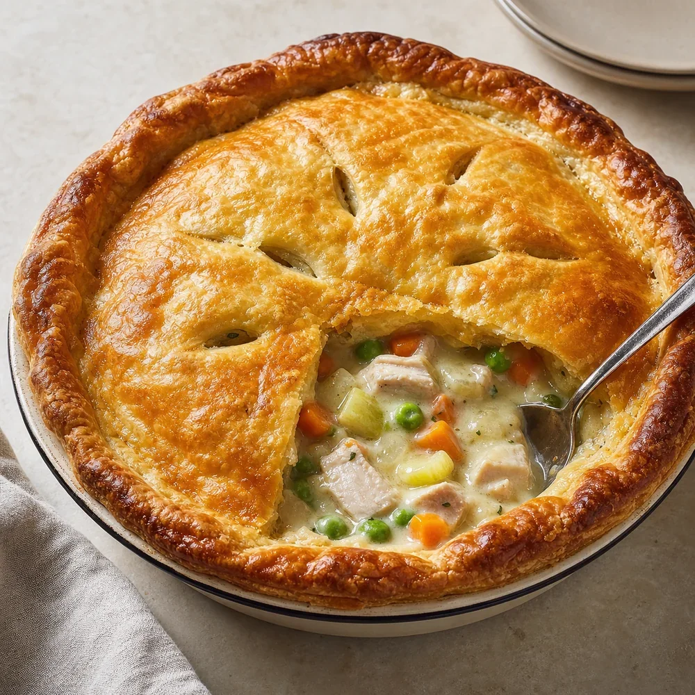Finished turkey pot pie with golden puff pastry and creamy filling