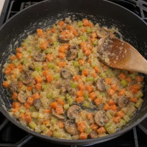 Flour coating cooked vegetables in the skillet