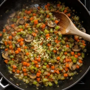 Garlic and thyme stirred into softened vegetables