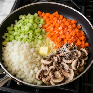 Raw diced vegetables and mushrooms added to butter in a skillet