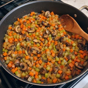 Softened vegetables and mushrooms cooking in a skillet
