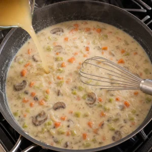 Stock and milk whisked into the vegetable mixture