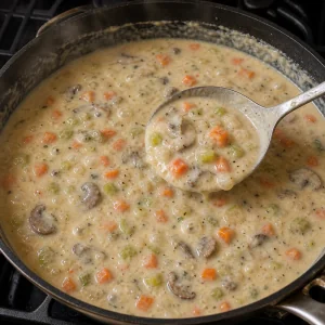 Thick creamy vegetable sauce coating a spoon