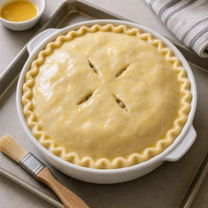 Unbaked pot pie covered with egg-washed puff pastry
