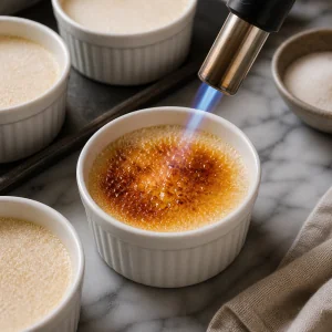 A kitchen torch caramelizes superfine sugar on chilled creme brulee.