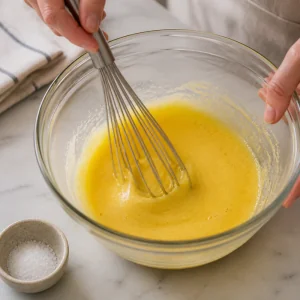 Egg yolks and sugar whisked until pale for creme brulee custard.