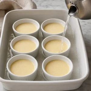 Filled creme brulee ramekins set in a hot water bath before baking.