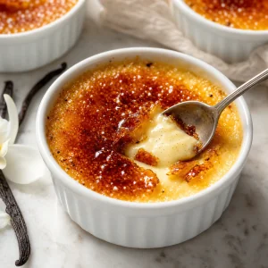 Finished vanilla bean creme brulee with a cracked caramelized sugar crust and silky custard.