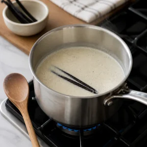 Heavy cream heating with vanilla bean seeds and pod in a saucepan.