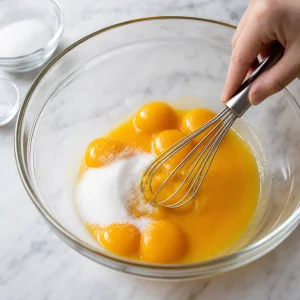Яичные желтки перемешивают с сахаром и солью