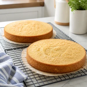 Baked vanilla sponge layers cooling on wire racks