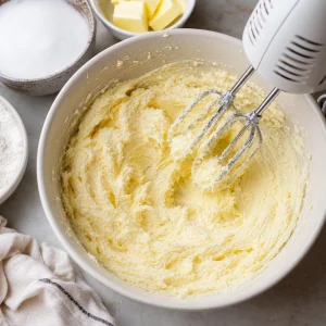 Butter and caster sugar creamed until pale and fluffy in a mixing bowl