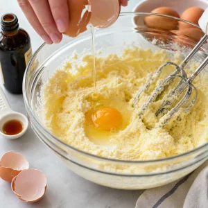 Egg and vanilla extract added to pale creamed butter and sugar mixture