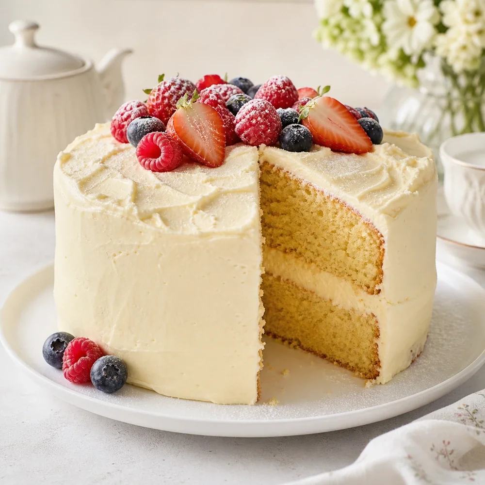 Finished classic vanilla sponge cake with buttercream frosting and fresh berries
