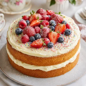 Finished vanilla sponge cake decorated with berries, sprinkles, and icing sugar