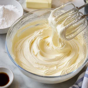 Fluffy vanilla buttercream beaten in a mixing bowl
