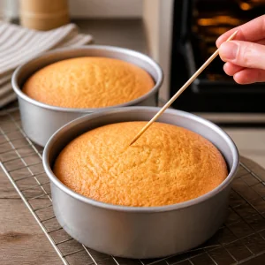 Golden baked sponge layers tested with a clean wooden skewer