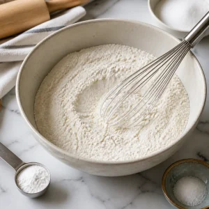 Self-raising flour, baking powder, and salt whisked together in a bowl